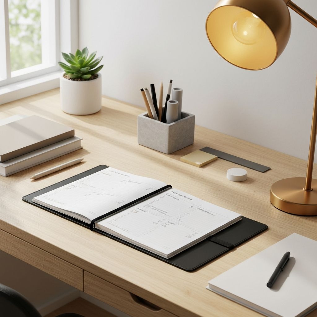 Geordneter Schreibtisch mit Alltagsgegenständen